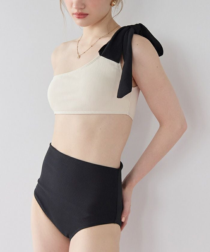 【美品】ワンショルダー水着 ブラウン・ブラック ワンショルダーデザインリブビキニ/水着【メール便可／100】 | SEA DRESS