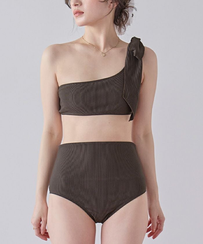 【美品】ワンショルダー水着 ブラウン・ブラック TeddyShop（テディショップ） 水着 レディース ビキニ ワンショルダー