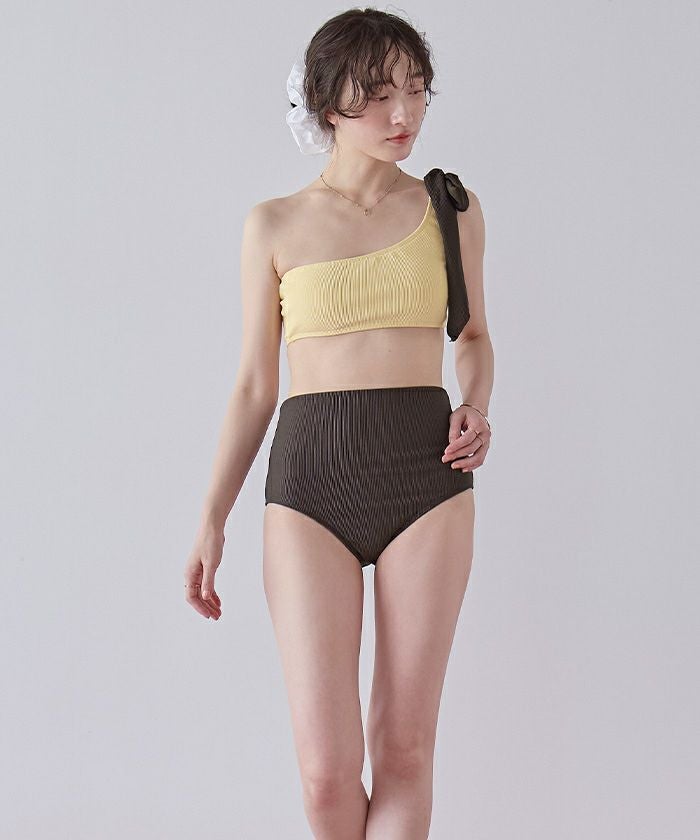 【美品】ワンショルダー水着 ブラウン・ブラック ワンショルダーデザインリブビキニ/水着【メール便可／100】 | SEA DRESS