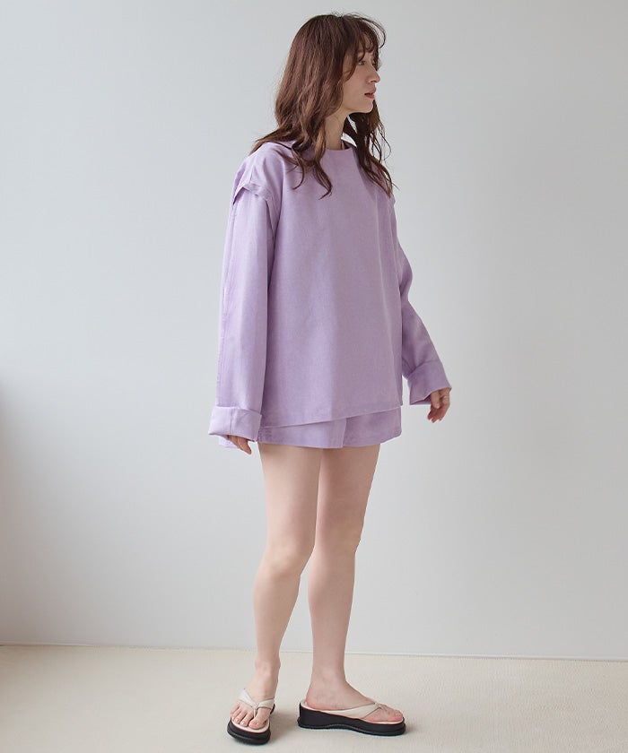 【セットアップ】MYLANリネン オフショルダーシャツ　パンツセット　パープル リネンライクルーズデザインセットアップ/ラッシュガード | SEA DRESS