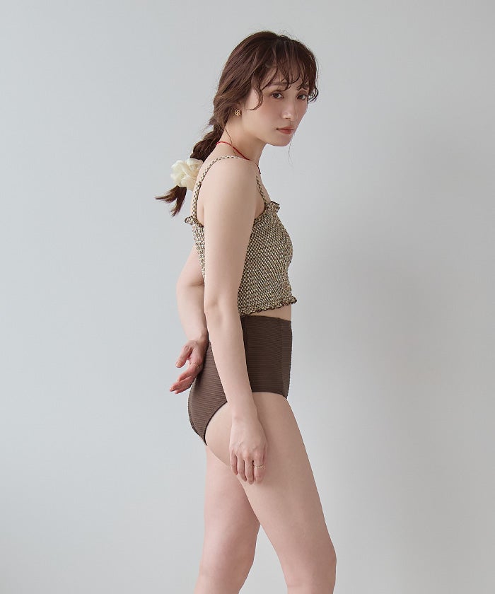 4点セット/長袖トップス付シャーリングビキニ×ショートパンツ/水着
