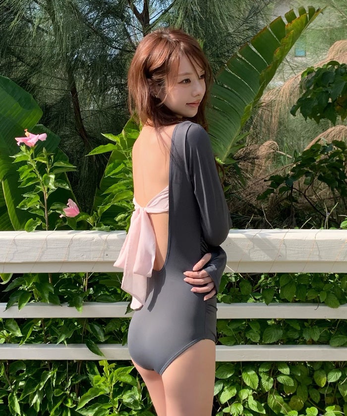 バックオープンリボン長袖ワンピース/水着【メール便可／100】 | SEA DRESS