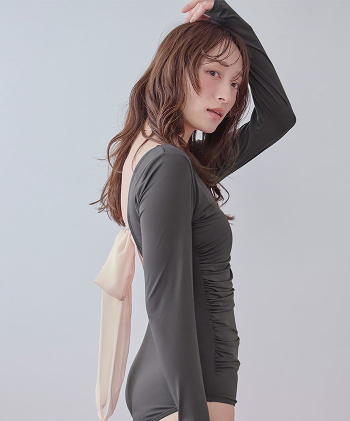 バックオープンリボン長袖ワンピース/水着【メール便可／100】 | SEA DRESS